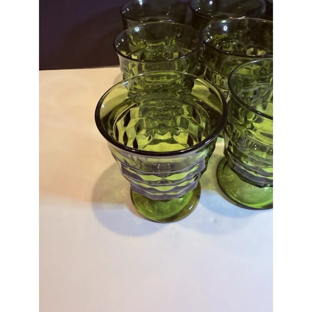 Vtg Indiana Glass Whitehall Cubist Olive Green Set of 12 Pedestal Water Goblets